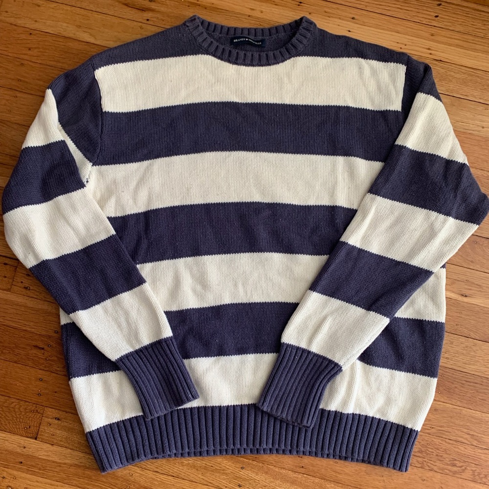 Brandy Melville Navy and Cream horizontal Stripe Crewneck Sweater